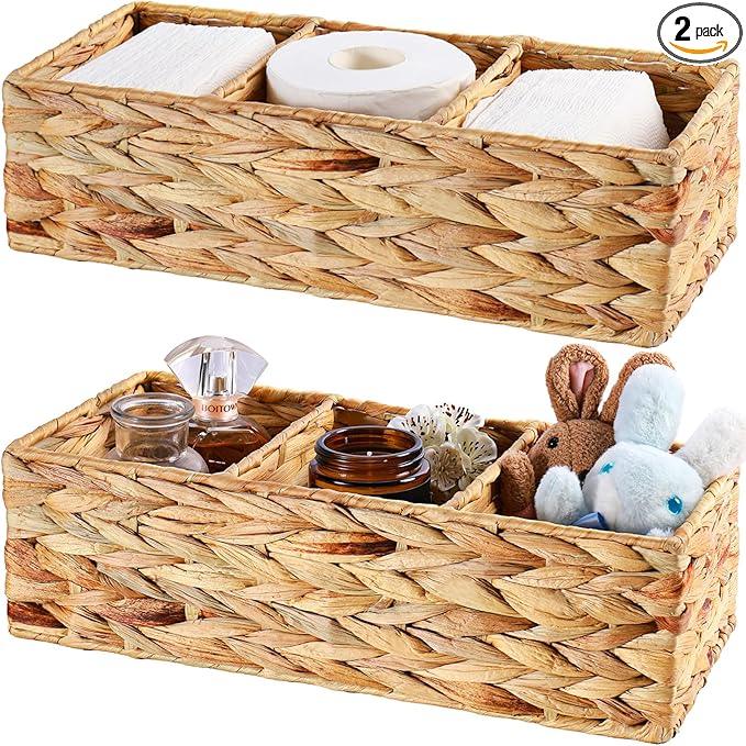 Vagusicc 3 Section Wicker Storage Basket, Hand-Woven Water Hyacinth Storage Baskets, Wicker Baskets for Storage, Toilet Paper Basket for Toilet Tank Top, Small Baskets for Organizing Shelves, 2-Pack - ModernBath