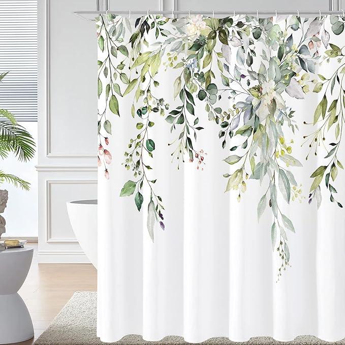 Gibelle Sage Green Eucalyptus Shower Curtain, Watercolor Plant Leaves with Floral Bathroom Decor Waterproof Fabric Shower Curtain Set 72x72 Inch White - ModernBath