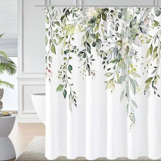 Gibelle Extra Long Shower Curtain 72 x 84, Tall Sage Green Floral Fabric Shower Curtain, Watercolor Plant Eucalyptus Leaves Bathroom Curtains Shower Set - ModernBath