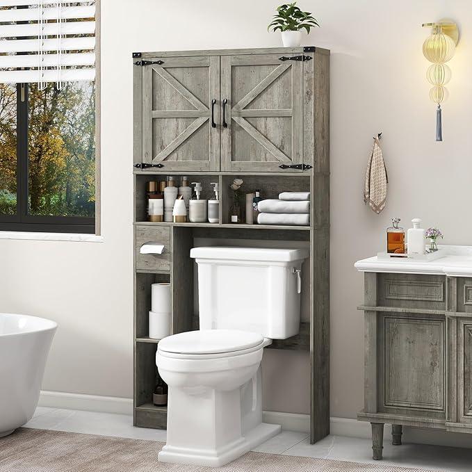 Vabches Over The Toilet Storage Cabinet, Farmhouse Storage Cabinet Over Toilet with 2 Barn Doors & Toilet Paper Holder Stand，Home Space-Saving Toilet Rack, for Laundry, Bathroom, Restroom.Grey Oak - ModernBath