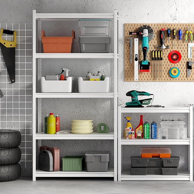 5 Tier Metal Storage Shelves Adjustable Garage Shelving, Heavy Duty Industrial Utility Rack Organization for Kitchen, Pantry, Closet, Garage, Office (White) - ModernBath