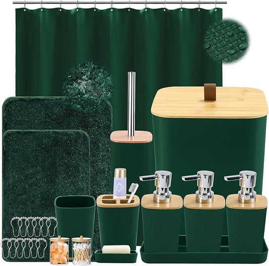 XLHOMO Bathroom Sets with Shower Curtain and Rugs, 27PCS Dark Green Bathroom Accessories Set with Trash Can, Green Shower Curtain Set, No Slip Super Absorbent Bathroom Rugs - ModernBath