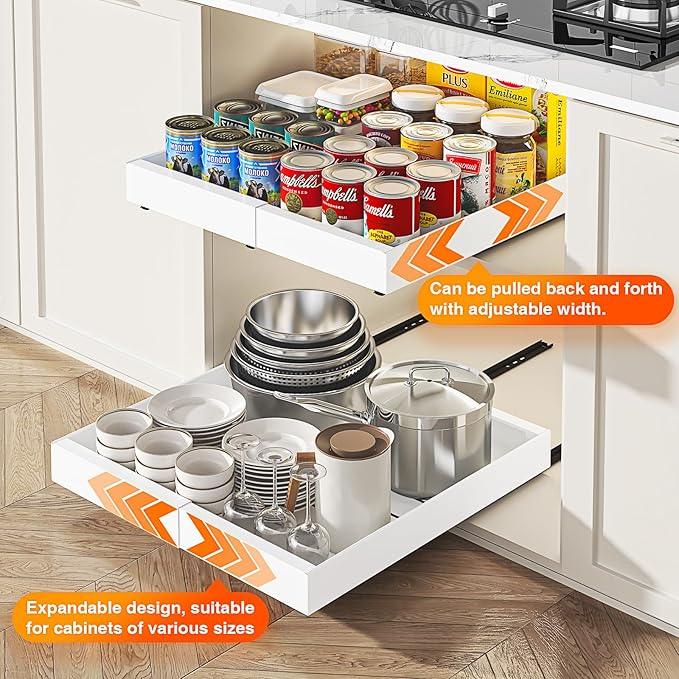 LEGUANG Expandable Pull-Out Cabinet Organizers (12.6-20.4" W x 21" D) - Upgraded 3 Quiet Slide Rails, Nano-Film Adhesive Fixing, White, Fit Kitchen/Living Room/Bathroom/Vanity - ModernBath