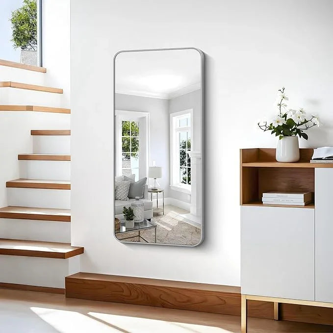CIVENO 48x24 Inch Silver Bathroom Mirror, Metal Framed Silver Rectangle Mirror, Rounded Rectangular Vanity Mirror, Wall Mounted Mirrors for Living Room Bedroom Entryway Hangs Horizontal or Vertical - ModernBath