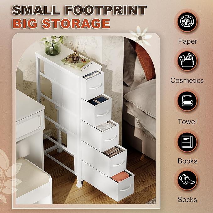 Narrow Dresser Storage Tower with 5 Drawers, Slim Dresser Chest of Drawers with Steel Frame, Wood Top, Dresser for Bedroom, Bathroom, Small Spaces, Laundry, Closet, White - ModernBath