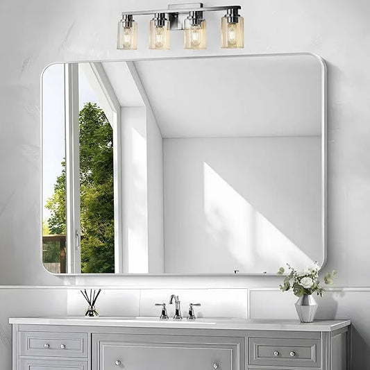 Silver Bathroom Mirror,36x48 inch Wall Mirror for Bathroom Wall Mounted,Rectangle Mirror for Bathroom Over Sink,Modern Frame Round Corner for Living Room,Bedroom Entryway,Horizontal/Vertical - ModernBath