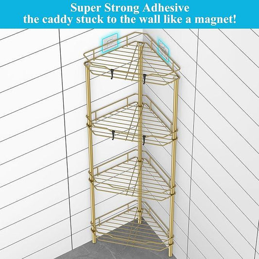 4 Tier Floor Standing Corner Shower Caddy Organizer Shelf with Hooks, Bathroom Shelves Stand Rack, Gold - ModernBath