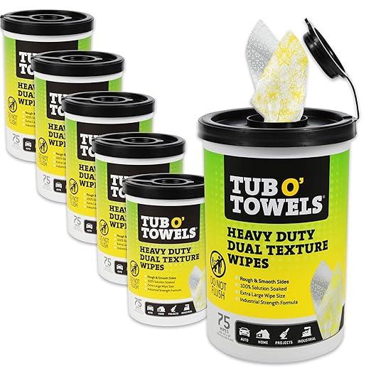 Tub O’ Towels TW75 Heavy-Duty 10" x 12" Size Multi-Surface Cleaning Wipes, Dual Texture, 75 Count Per Canister, 6 Pack - ModernBath