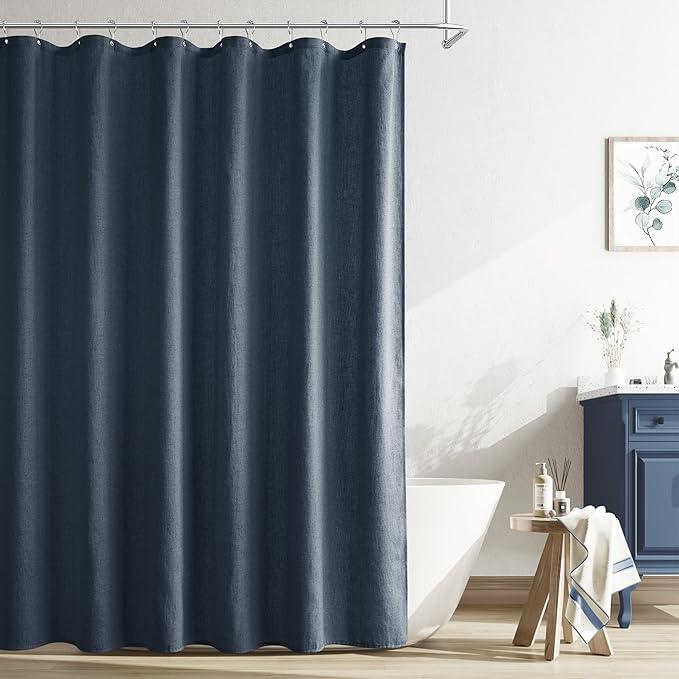 Naturoom Denim Blue Linen Shower Curtain, Country Boho Farmhouse Bath Decor Shower Curtains Neutral Cloth Weighted Textured Fabric Bath Curtain Liner with Hooks, 72x96 - ModernBath