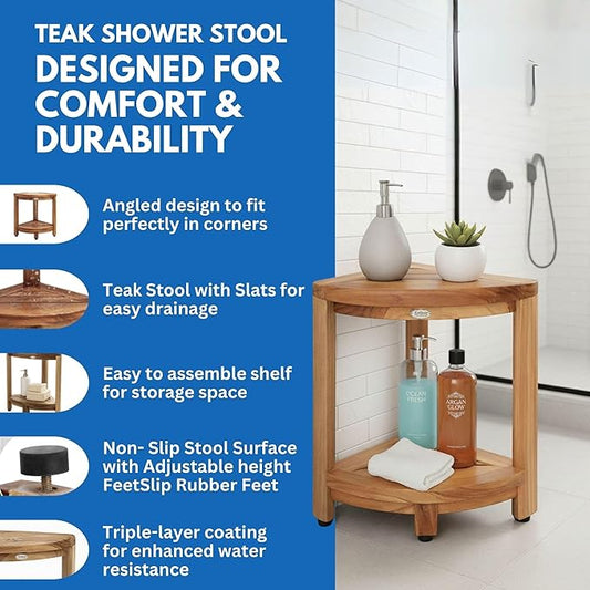 DecoTeak Teak Corner Shower Shelf – 2 Tier Waterproof Bathroom Storage Organizer Compact Wood Storage | Water-Resistant Design | Space Saver for Showers & Small Bathrooms | Shaving Foot Rest