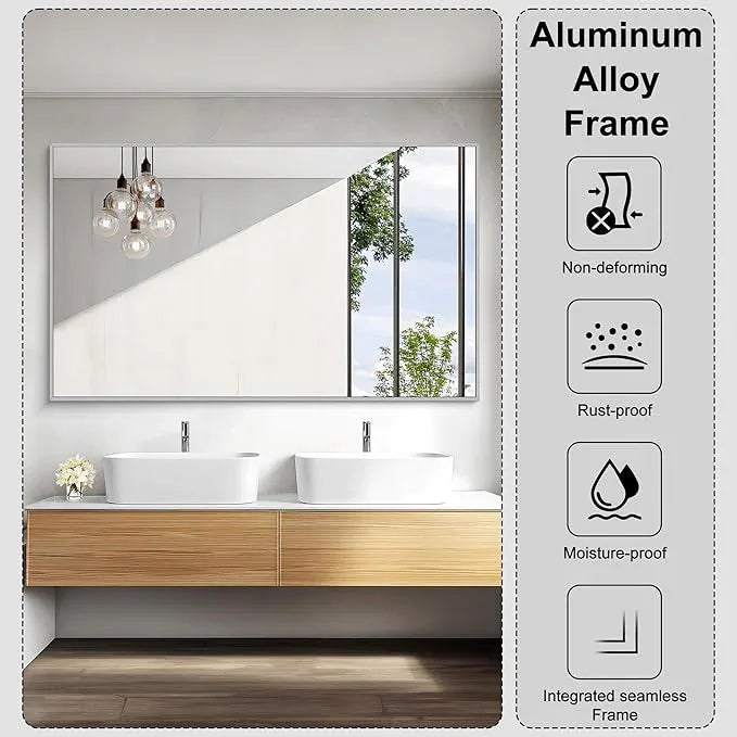 KOCUUY Silver Bathroom Mirror, 60"x36" Large Rectangle Bathroom Mirror for Wall, HD Tempered Glass, Anti-Rust Brushed Silver Frame, Modern Design for Bathroom, Bedroom, Hang Horizontal/Vertical - ModernBath