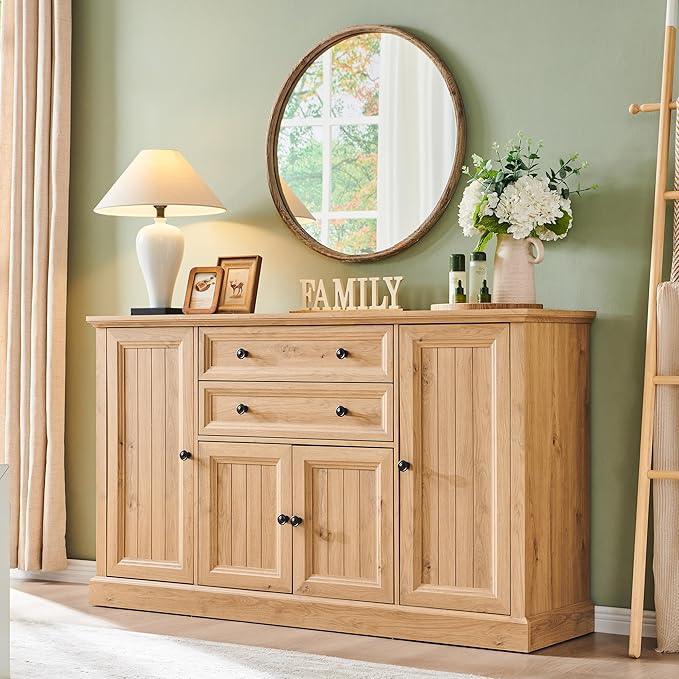 Farmhouse 58" Buffet Cabinet with Storage, 34" Tall Sideboard Cabinet w/2 Large Drawers & 4 Grooved Barn Doors, Wood Rustic Sideboard for Dinning Room, Kitchen, Living Room,Natural - ModernBath