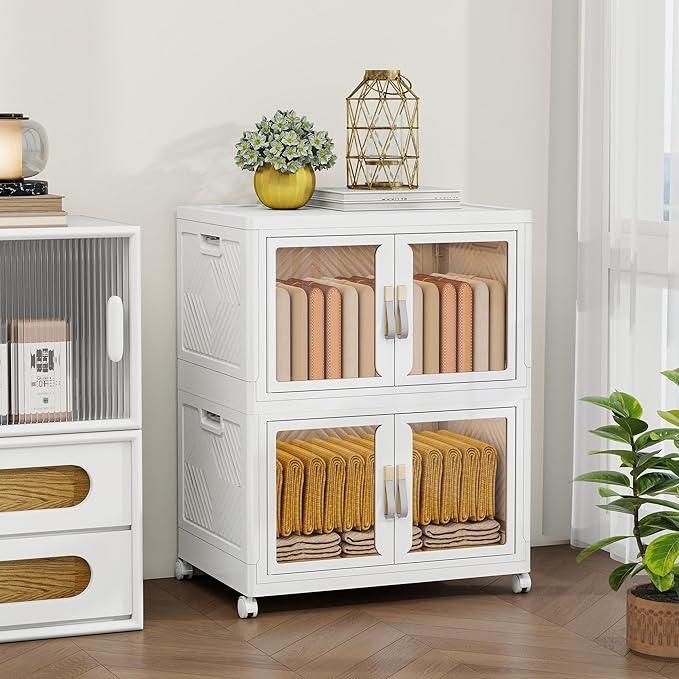 Large Stackable Storage Bins with Lids, 220QT-110QT*2Tier Foldable Cabinet for Closet Organizers, Plastic Storage Containers Box with Wheels - ModernBath