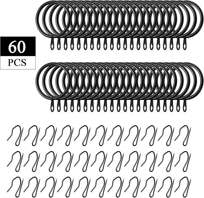Hotop 30 Pcs Metal Drapery Curtain Rings 0.98/1.26/1.65 inch Interior Diameter and 30 Pcs Hanging Curtain Drapery Pin Hooks for Window Door Shower(Black,25 mm) - ModernBath