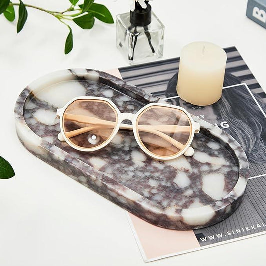 Denique Natural Luxury Calaccata Viola Marble Tray for Bathroom Countertop, 10.2" Vanity Tray Oval Deorative Tray, Countertop Organizer, Jewelry Dish Ring Holder for Dresser - ModernBath