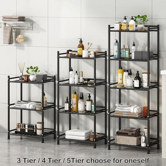 4 Tier Bathroom Storage Open Shelf Unit, Free-Standing Metal Corner Rack Shelving for Kitchen, Living Room, Hallway (Black, Wider 4 Tier) - ModernBath