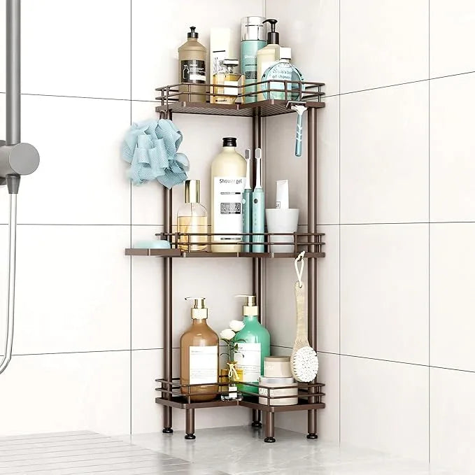 HapiRm Corner Shower Caddy Standing - 3 Tier Shower Organizer Corner with Soap Holder, Rustproof Bathroom Standing Organizer with 4 Hooks, Bronze - ModernBath
