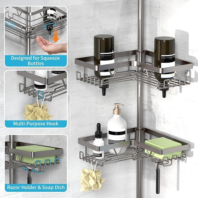 KEGII Corner Shower Caddy Tension Pole with Soap Dish & Razor Holder, Adjustable Bathroom Organizer with Hooks, 25-114.2 Inch Rustproof Storage Shelf for Renters & Apartments, Gunmetal Gray - ModernBath
