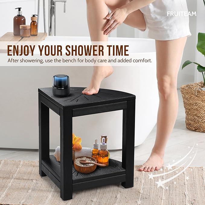 FRUITEAM HDPE Shower Bench, Waterproof Corner Shower Stool for Bathroom, Double-Layer Shower Shelf with Non-Slip Feet, 17" Seat Height, Holds 350 lbs, for Seniors, Small Bathroom Spaces - ModernBath