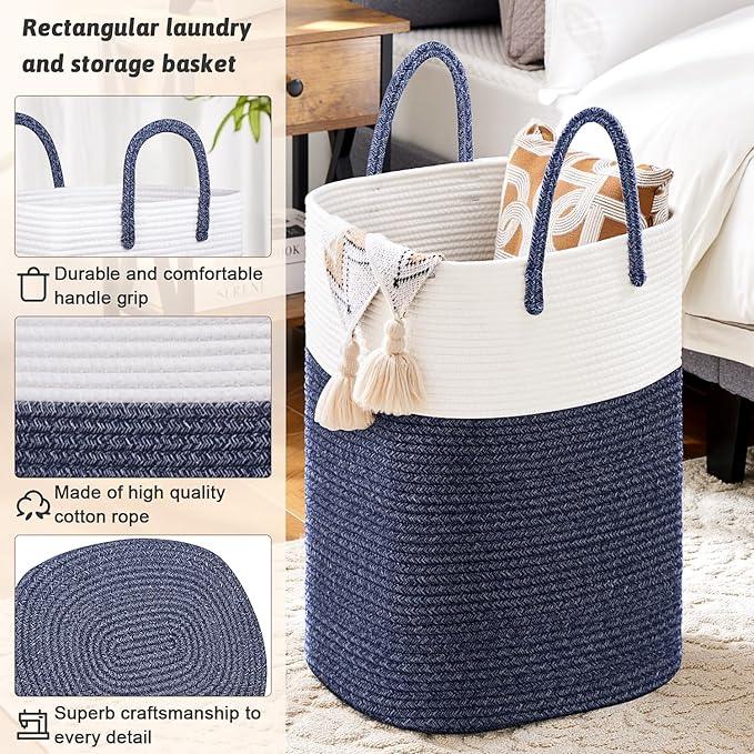 Laundry Basket,Woven Cotton Rope Laundry Hamper,Versatile Storage for Dirty Clothes,Baby Toys,and Blankets in Bathroom, Nursery,and Living Room (Blue, 100L) - ModernBath