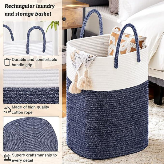 Laundry Basket,Woven Cotton Rope Laundry Hamper,Versatile Storage for Dirty Clothes,Baby Toys,and Blankets in Bathroom, Nursery,and Living Room (Blue, 40L) - ModernBath