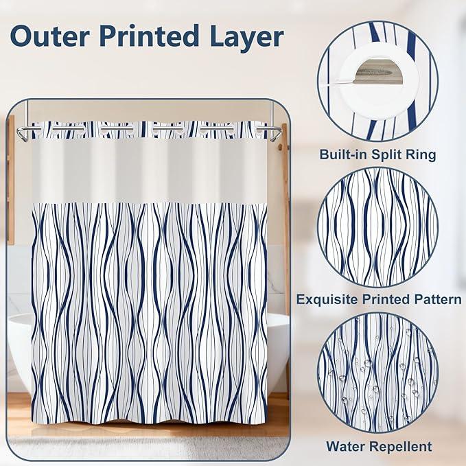 Abstract Blue Striped Shower Curtains for Bathroom, Waterproof Double Layers Fabric Printed No Hook Shower Curtain and Liner Set, Modern Geometric Hotel Luxury Decor Bathroom Curtain, 71x74 Inch - ModernBath
