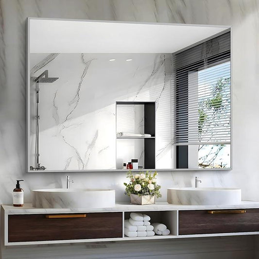 COFENY Silver Bathroom Mirror, 48"X36" Rectangle Mirrors for Wall Metal Frame, Bathroom Rectangular Mirror Modern Wall Mirror for Bedroom Living Room, Hangs Horizontal or Vertical - ModernBath