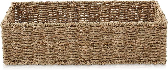 Casafield Set of 2 Bathroom Storage Baskets, Natural - Seagrass, 16" W x 6.75" D x 4.25" H, Woven Toilet Tank Topper Bins for Organizing Tissues, Toilet Paper, Toiletries, Shelves - ModernBath