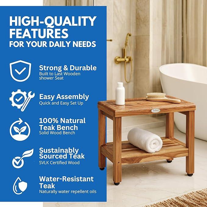 EcoDecors Eleganto 24 Inch Natural Color Waterproof Teak Wood Shower Bench Stool Seat Chair For Inside Shower Provides Safety, Storage, and Organization For Bathroom Accessories - ModernBath