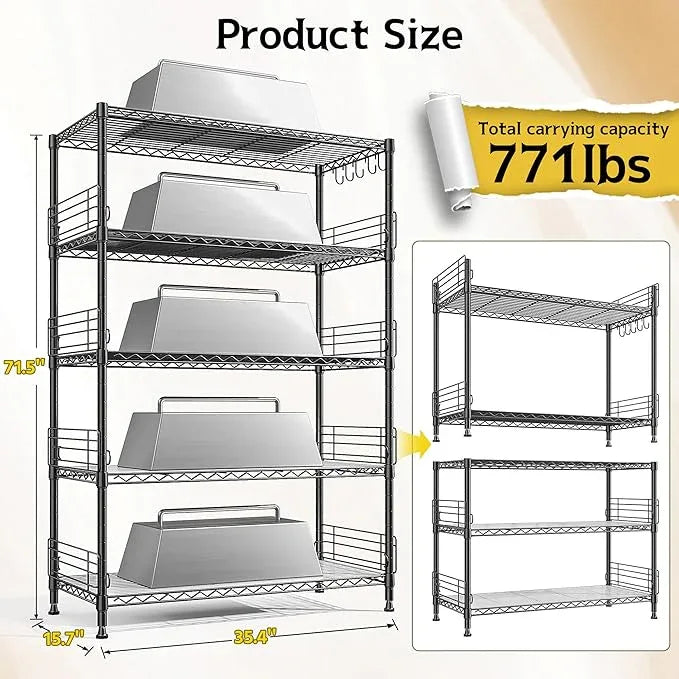 71.5‘’H Wire Shelving Unit With Shelf Linker,5 Tier Metal Shelving Pantry Kitchen Shelves with Side Blockers,Adjustable Standing Storage Shelves Rack with Hooks,Shelf for Utility Room,Basement,office - ModernBath