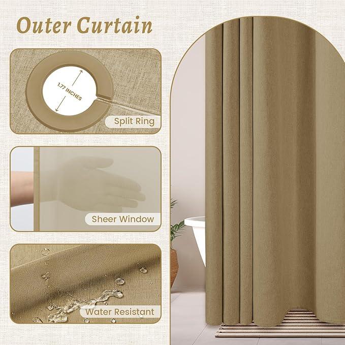 WONICY No Hook Shower Curtain with Snap in Liner, Polyester Textured Shower Curtain with Liner Set, Waterproof Washable Hotel Style Shower Curtains for Bathroom, 71Wx74H, Khaki - ModernBath