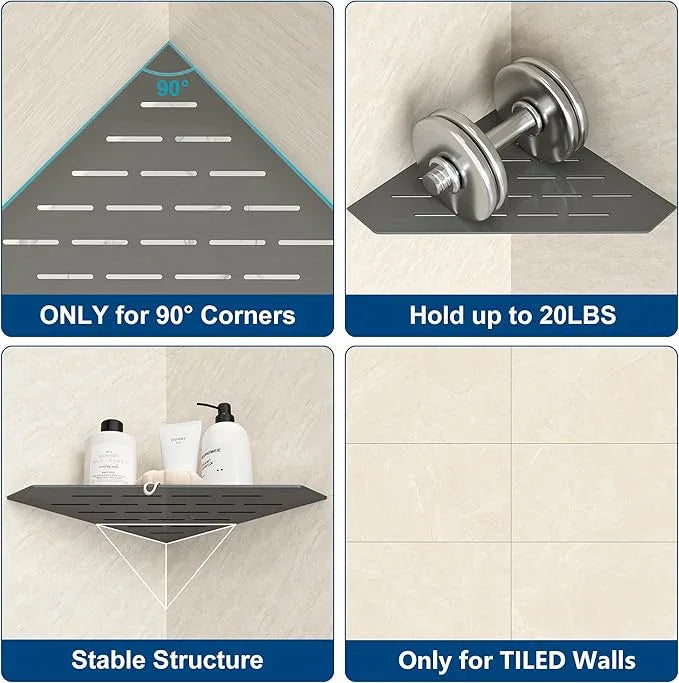 Grey Metal Corner Shower Shelf, Floating Corner Shelves for Tile Wall, Tile Shower Shelf, 304 Stainless Steel Wall Storage Shelves for Bathroom, No Drilling, 10 Inch, 1 Pack - ModernBath