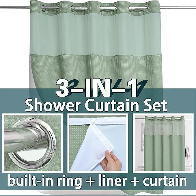 Conbo Mio Extra Long No Hook Sage Green Waffle Weave Shower Curtain with Snap in Liner Set, Hotel Luxury Shower Curtains for Bathroom with See Through Top Window, Waterproof, Washable 71W x 84H - ModernBath