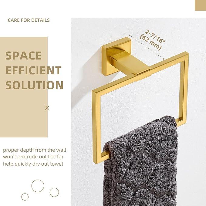 Angle Simple Hand Towel Holder Deep Brassy Gold, SUS 304 Stainless Steel Square Towel Ring for Bathroom Wall, 7.09 Inches - ModernBath