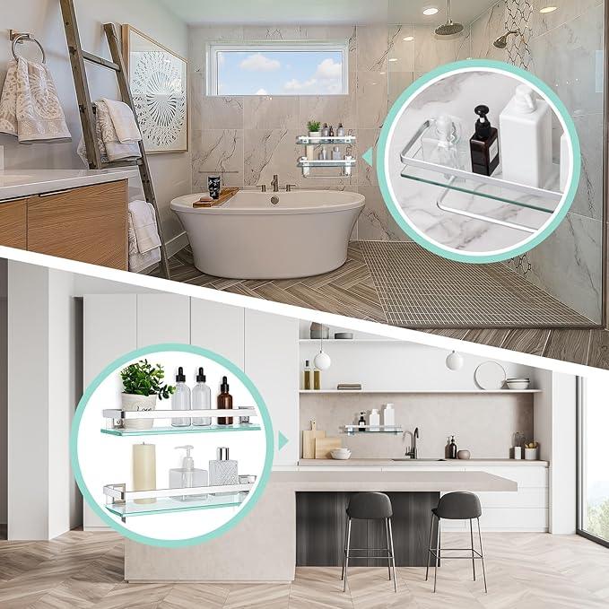 Suzile Set of 2 Glass Bathroom Shelves with Bar, Wall Mounted 15.7 x 4.7 Inches, Bathroom Shelves Hanging Modern Floating Shelf Metal Stick Room Rustproof Organizer Decorative(Silver) - ModernBath