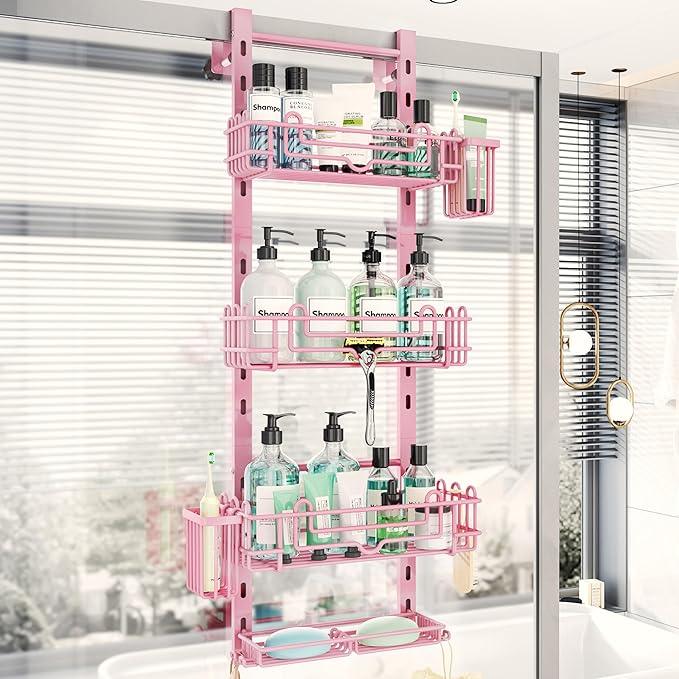 HapiRm Hanging Shower Caddy Organizer - Shower Shelf with 22 Hooks and 2 Toothbrush Holders, No Drilling Adjustable Hanging Bathroom Organizer - Pink - ModernBath