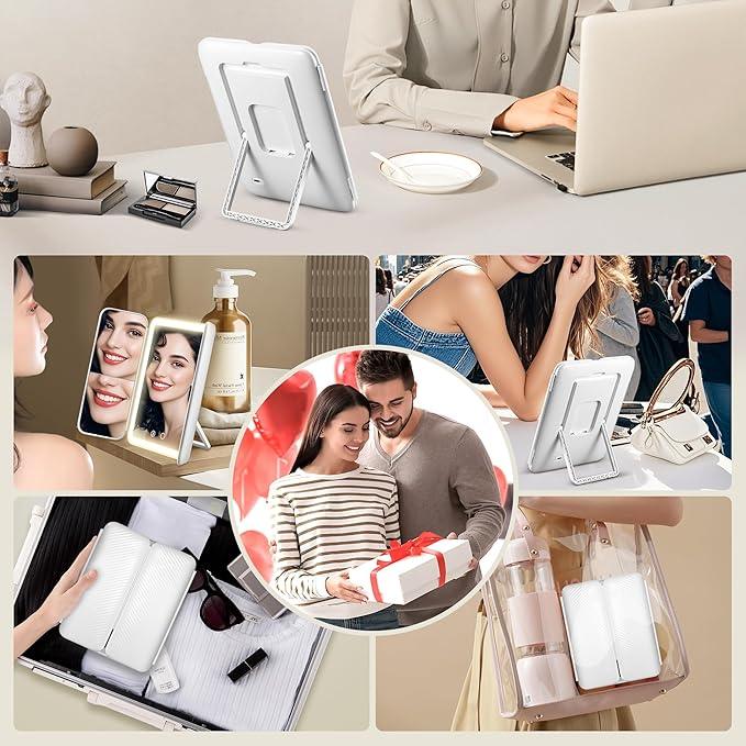 GOMIPURU Vanity Mirror with Lights, Lighted Makeup Mirror with 30X/10X/5X Magnification, Rechargeable Trifold Mirror with 3 Color & Adjustable Brightness, Travel Makeup Mirror with Lights for Desk - ModernBath