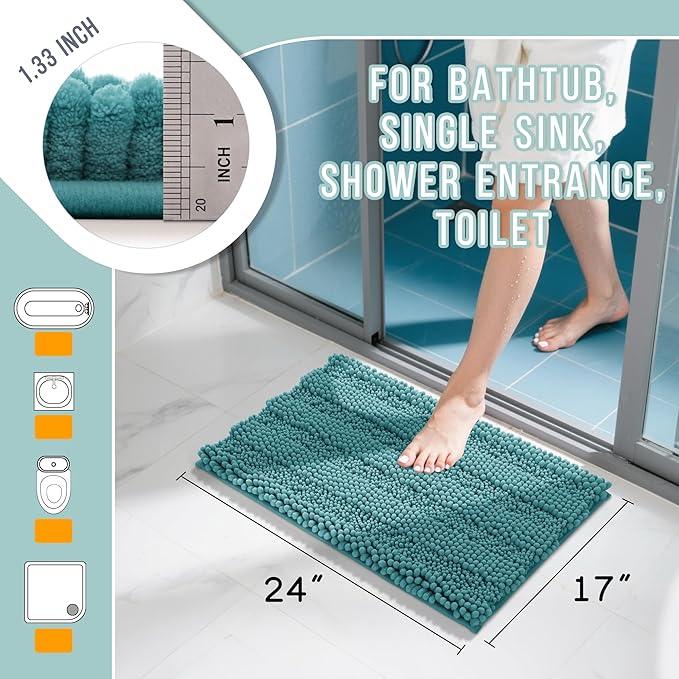 Yimobra Bathroom Rug Mat, Non Slip and Super Absorbent Bath Mat, Machine Washable Quick Dry, Ultra Plush Chenille Shower Rugs for Bathroom Floor Sink Tub and Shower Outside, Teal Blue, 24 x 17 - ModernBath