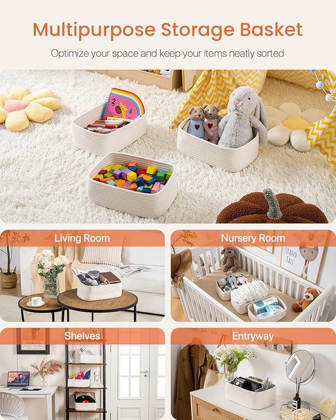 KALLAX Small Woven Basket, 12 x 8 x 4.5 Inches, Storage Basket for Organizing, Cute Small Rope Shelf Closet Cube Storage Bins Baskets for Shelves, Dog Toy Gift Baskets Empty, 3 Packs, Off White - ModernBath
