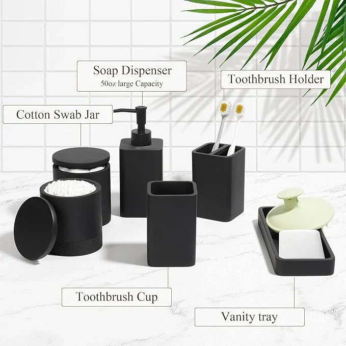 YMXYJM Bathroom Accessories Set, 6 Piece Bathroom Set with Toothbrush Holders, Soap Dispenser, Vanity Tray, Tumbler, Cotton Swab Jars, Bathroom Organizer，Bathroom Sink Sets, Matte Black - ModernBath