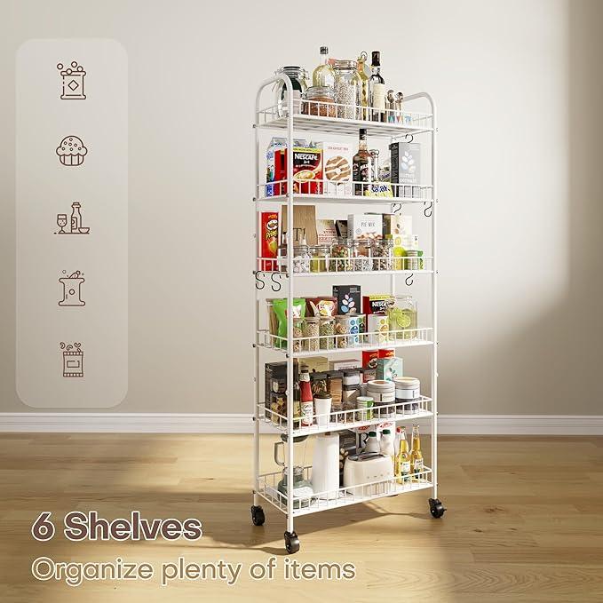 6 Tier Slim Rolling Storage Cart with Wheels, Metal Mobile Shelving Unit Organizer Utility Cart for Office Bathroom Kitchen Laundry Room Narrow Places (White 10 Inches) - ModernBath