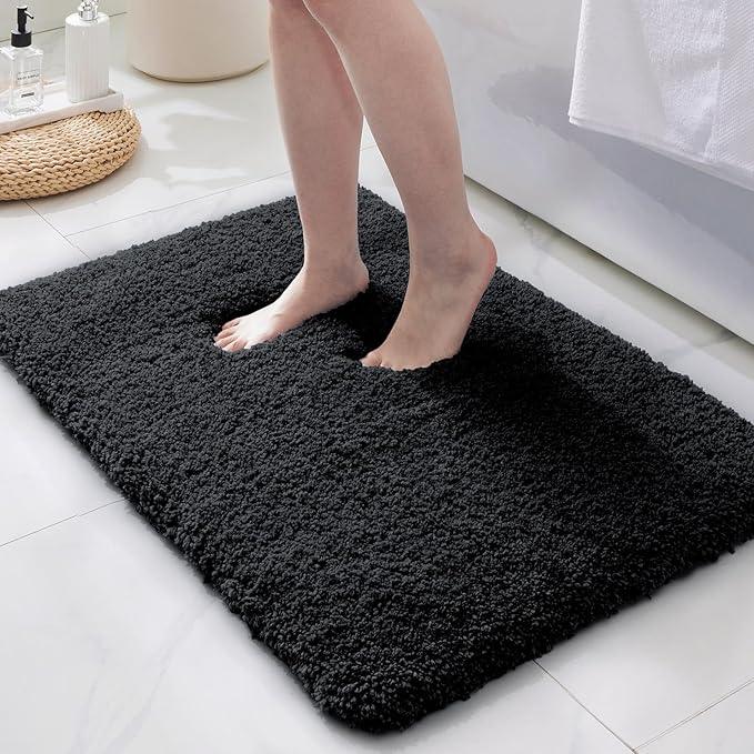 ILANGO Black Bathroom Rugs 30" × 20" Non Slip & Super Absorbent Extra Thick Soft, Washable Bath Mat for Floor, Microfiber Plush Shaggy Bath Rug with Rubber for Bathtub Shower Room Sink - ModernBath