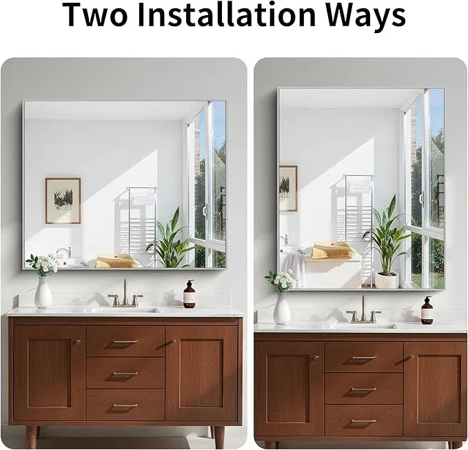 KOCUUY Silver Framed Mirror, 48"x40" Large Rectangle Bathroom Mirror for Wall, HD Tempered Glass, Anti-Rust Brushed Silver Frame, Modern Design for Bathroom, Bedroom, Living Room, Entryway - ModernBath