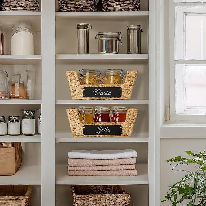 Casafield Set of 2 Water Hyacinth Pantry Baskets with Handles, Chalkboard Labels, and Marker - Natural, Wide Woven Storage Bin Organizers for Kitchen Shelves - ModernBath