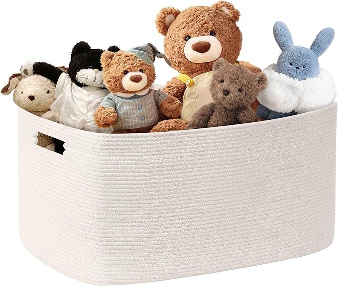 60L Small Baby Girls Laundry Basket for Nursery Storage,Cute Woven cotton Rope Baskets for Kids Toy，Gifts,Boho Square Wicker Blanket hamper for Living Room,Bedroom Dirty Clothes, White - ModernBath