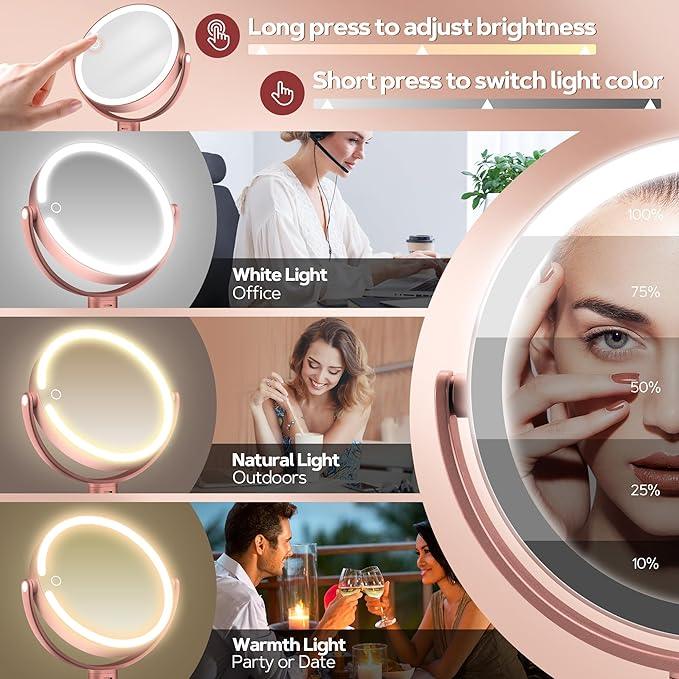 B Beauty Planet Makeup Mirror with Lights, Lighted Magnifying Mirror 30X with 3 Lighting and Adjustable Brightness, 2-Sided Height Adjustable Vanity Mirror for Bathroom, Gifts for Women Rose Gold - ModernBath