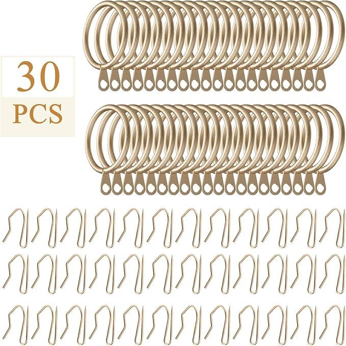 Hotop 30 Pcs Metal Drapery Curtain Rings 0.98/1.26/1.65 inch Interior Diameter and 30 Pcs Hanging Curtain Drapery Pin Hooks for Window Door Shower(Champagne Gold,25mm) - ModernBath