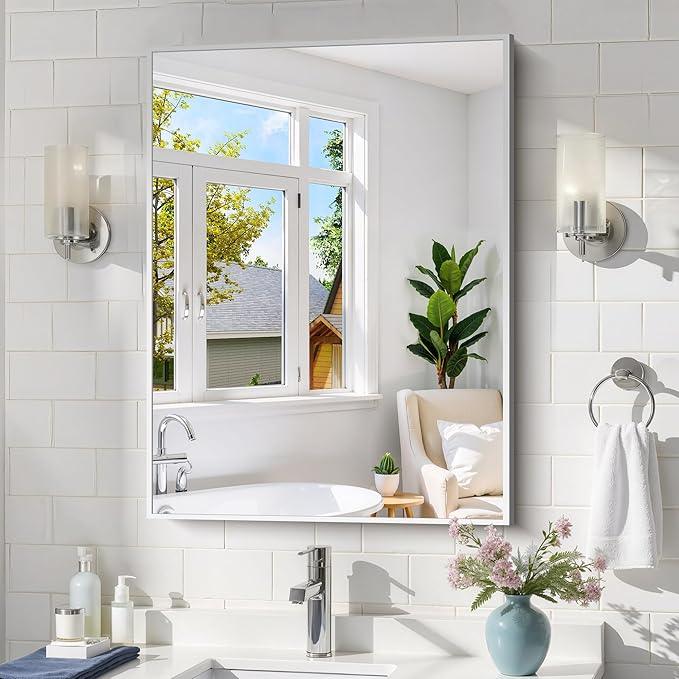 COFENY Silver Bathroom Mirror for Wall, 24x32 Inch Rectangle with Metal Frame, Modern Vanity for Bathroom Living Room, Entryway Hangs Horizontal or Vertical - ModernBath