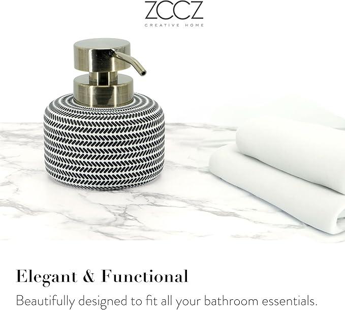 ZCCZ Black and White Bathroom Accessories Set, 4 Pieces - Toothbrush Holder, Soap Dispenser, Vanity Tray, Tumbler - Countertop Organizer for Bathroom Decor - Modern Accessory Set for Home and Office - ModernBath