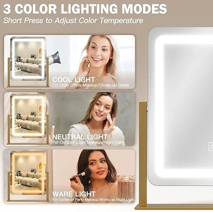 ROLOVE Vanity Mirror with Lights, 12.6"×15" LED Makeup Mirror, Lighted Makeup Mirror with Lights, Smart Touch Control Dimmable 3 Modes Light, Lighted Up Mirror for Makeup Desk, Gold - ModernBath